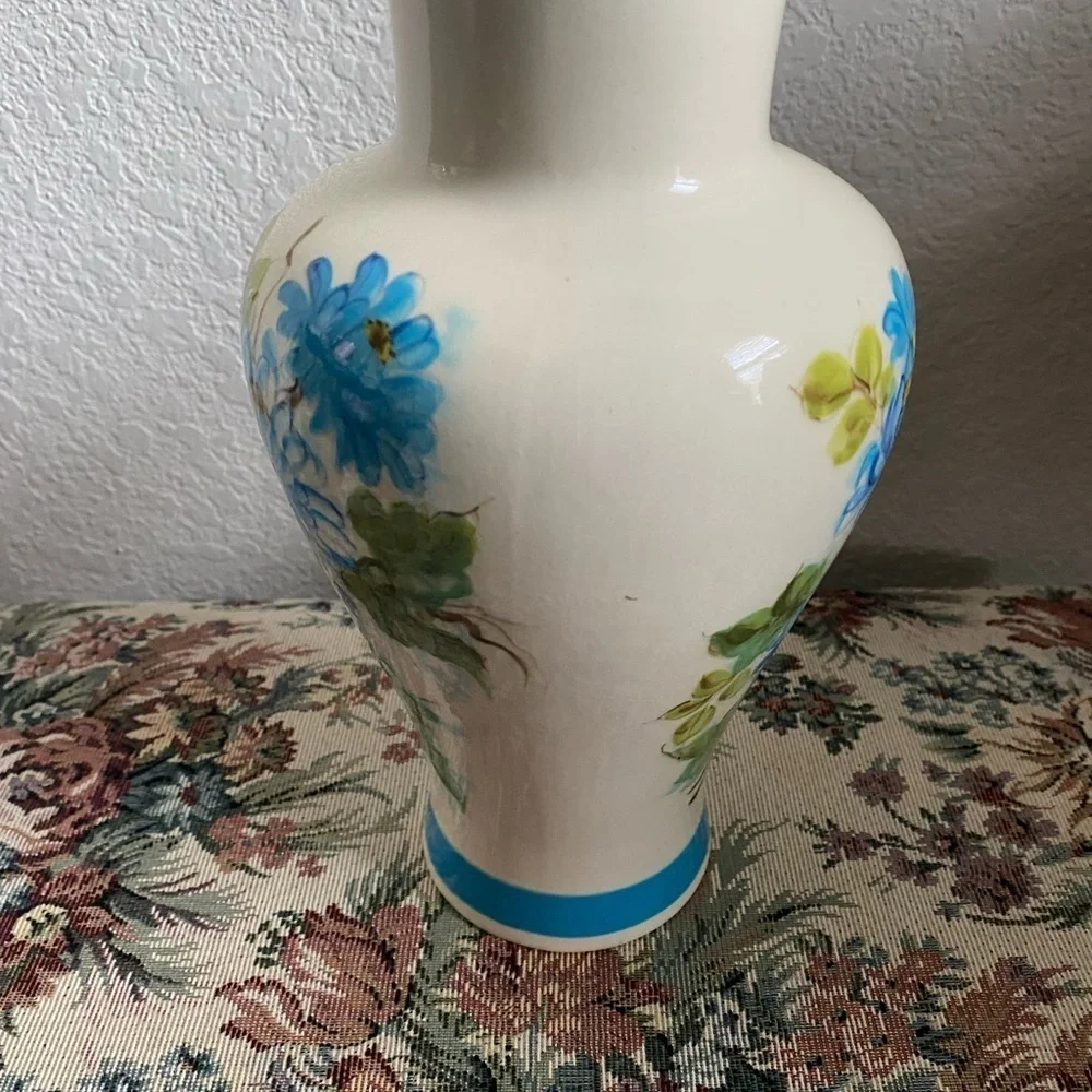 Vintage Hand Painted Floral Blossoms Ceramic Vase with Blue Accents 9.5”H